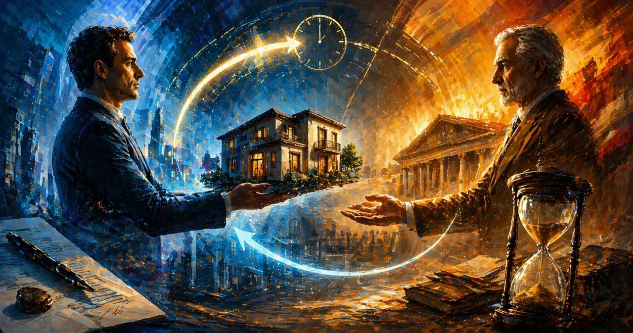 Due uomini si scambiano una casa, simboleggiando una vendita casa con riscatto. Un orologio e una clessidra indicano il tempo.