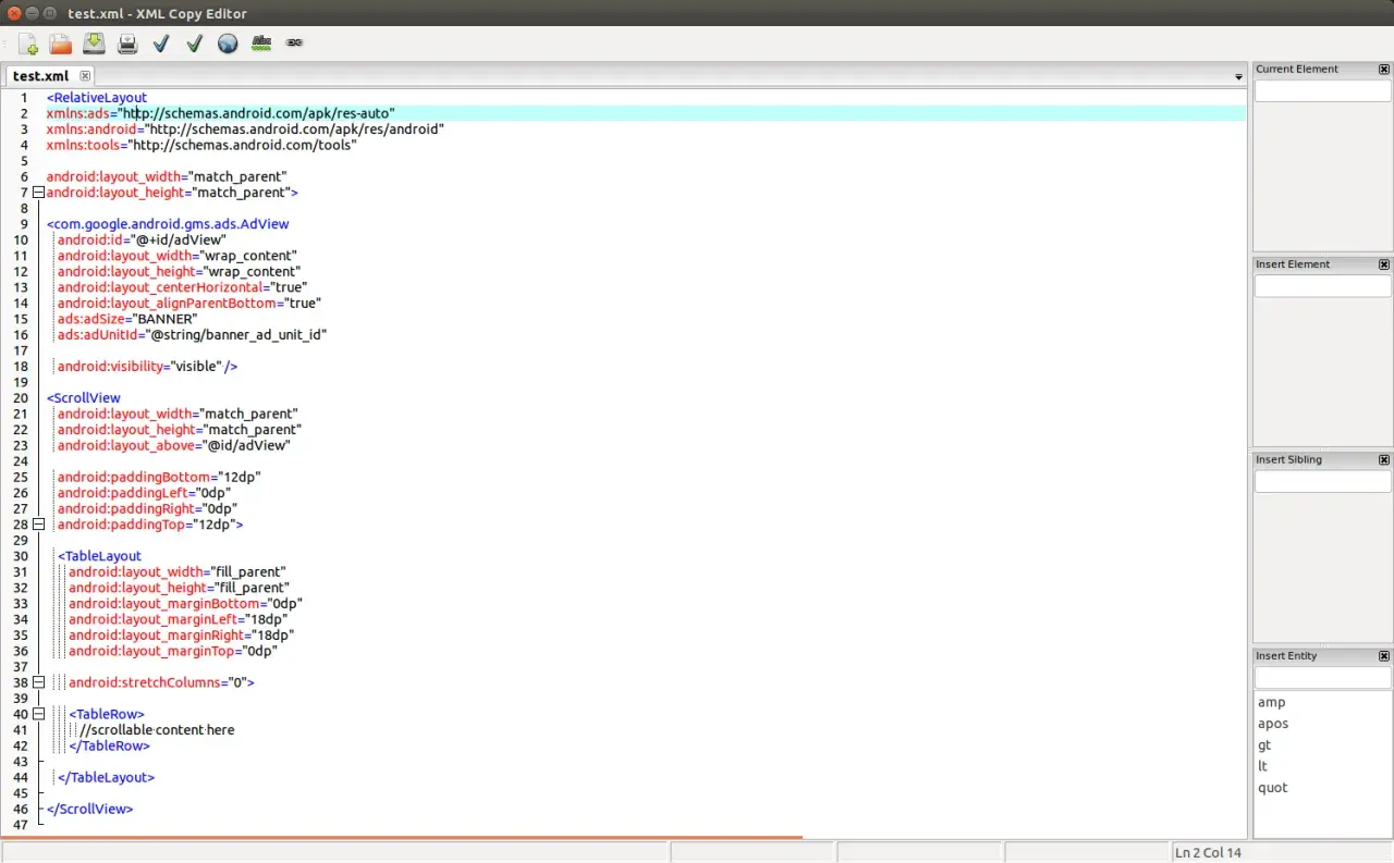 Edytor kodu XML pokazuje, jak otworzyć plik XML z kodem Android Layout. Widoczne są tagi takie jak RelativeLayout, ScrollView i TableLayout.