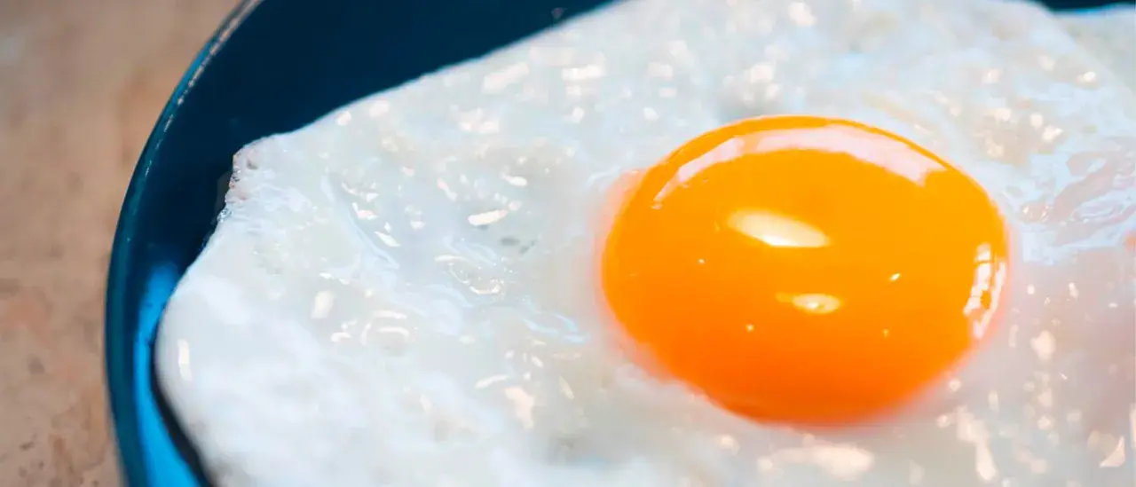 Un œuf au plat, avec son jaune d'or brillant, est servi dans une assiette bleue. Les **œufs frits** sont un délice simple.