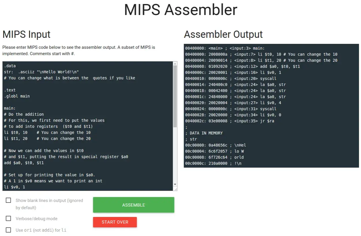 Interfejs MIPS Assembler z polem na kod i jego przetworzeniem. Widoczny jest kod w języku skryptowym MIPS i jego wynik.
