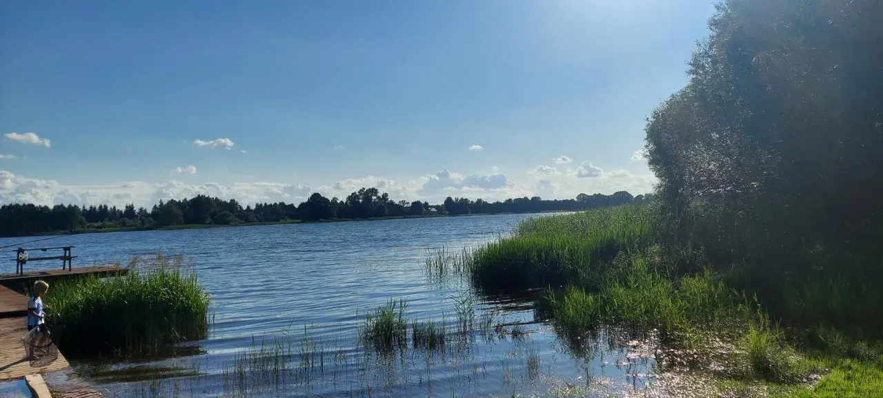 Chłopiec z podbierakiem na pomoście nad jeziorem Marianowo. Słoneczny dzień, błękitne niebo z chmurkami.