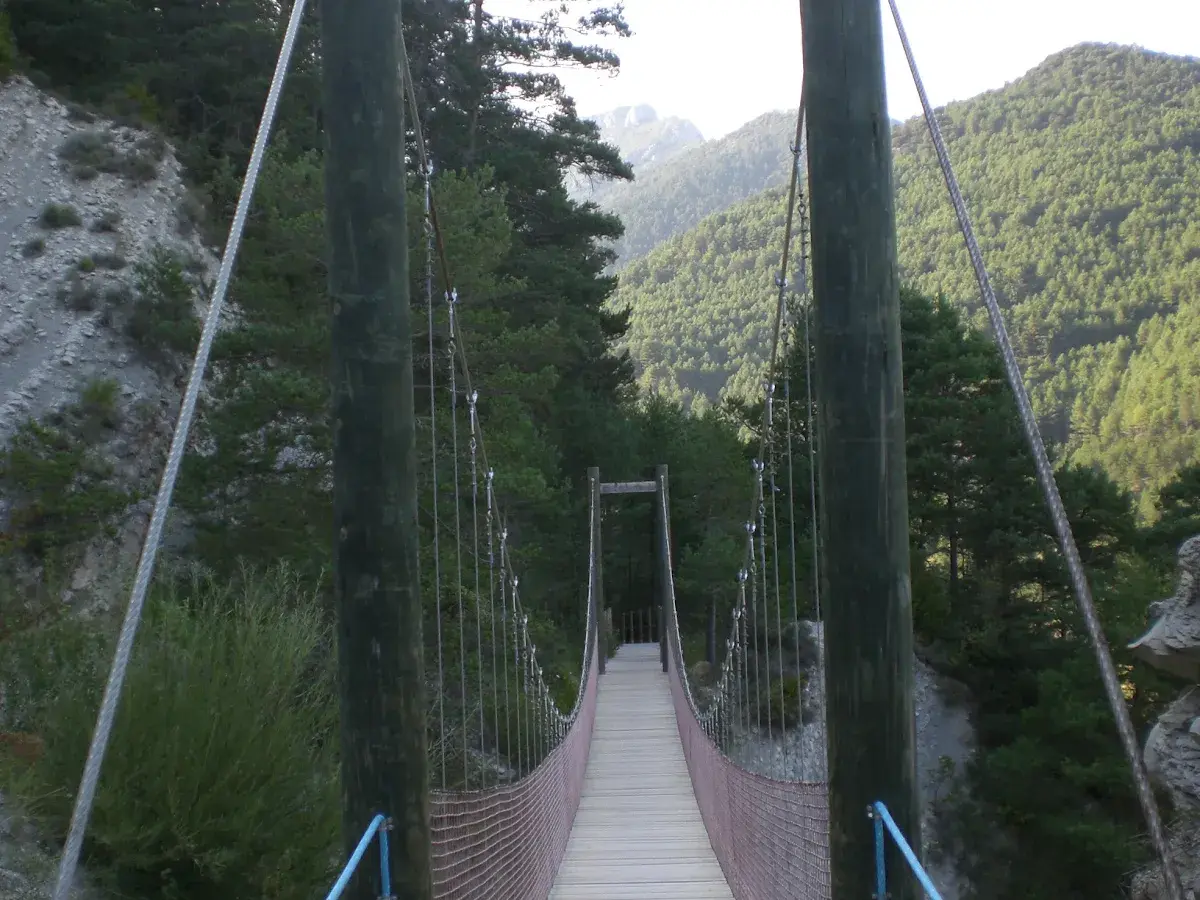 Puente colgante de madera y metal en la vía del Nicolau, rodeado de bosques y montañas.