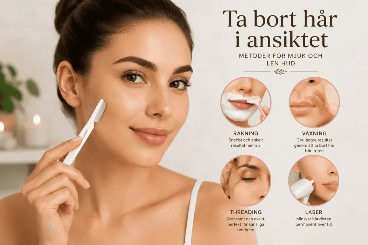 Kvinna rakar ansiktet med en liten hyvel. Bilden visar metoder för hårborttagning, inklusive vaxning, threading och laser, för mjuk och len hud.