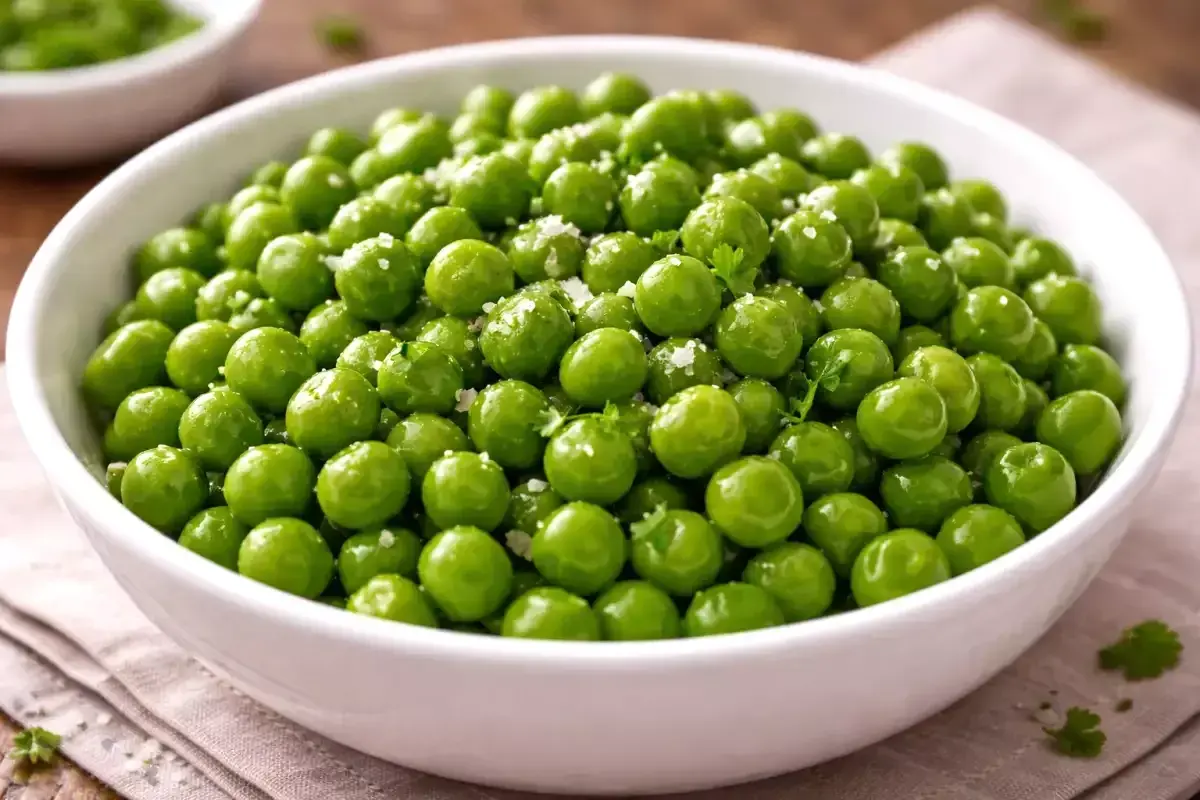 Un bol de petits pois frais, brillants et assaisonnés de sel et de persil, prêts pour la cuisson.