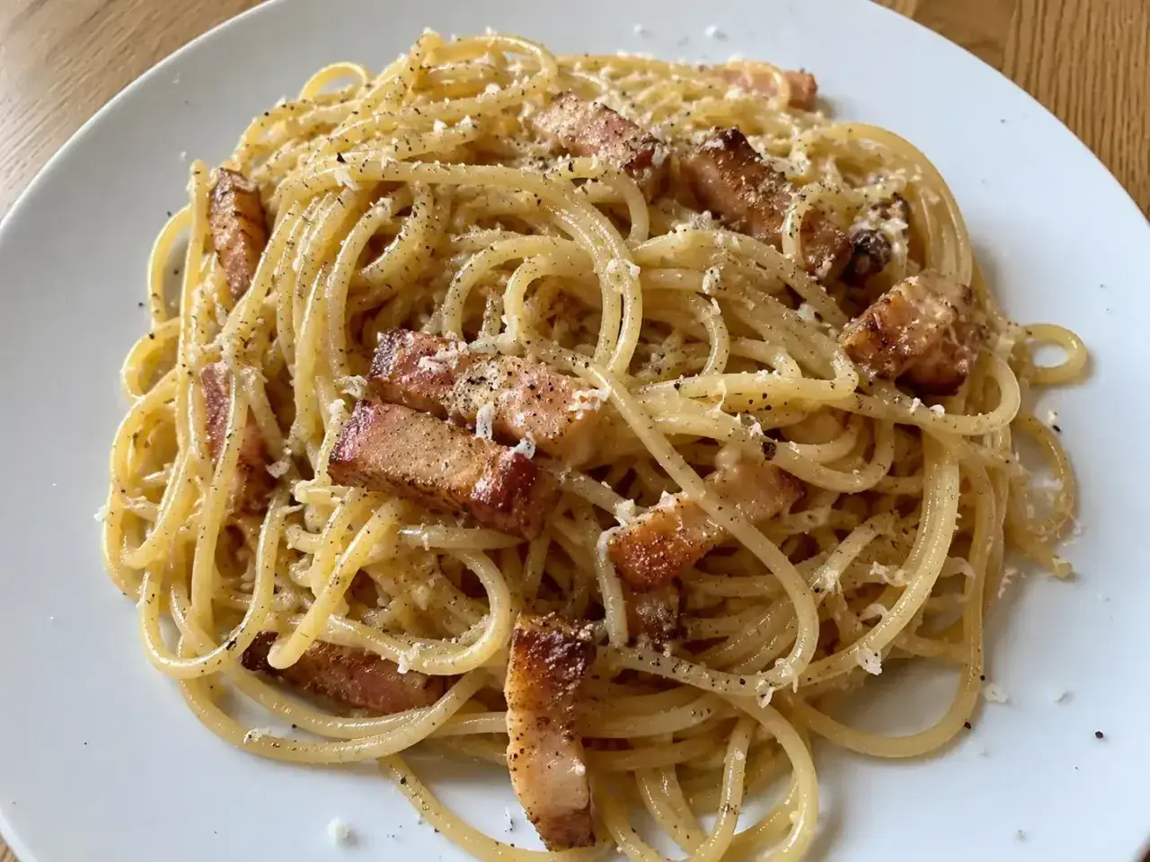 En portion riktig carbonara med spaghetti, knaprigt sidfläsk och rikligt med parmesanost.
