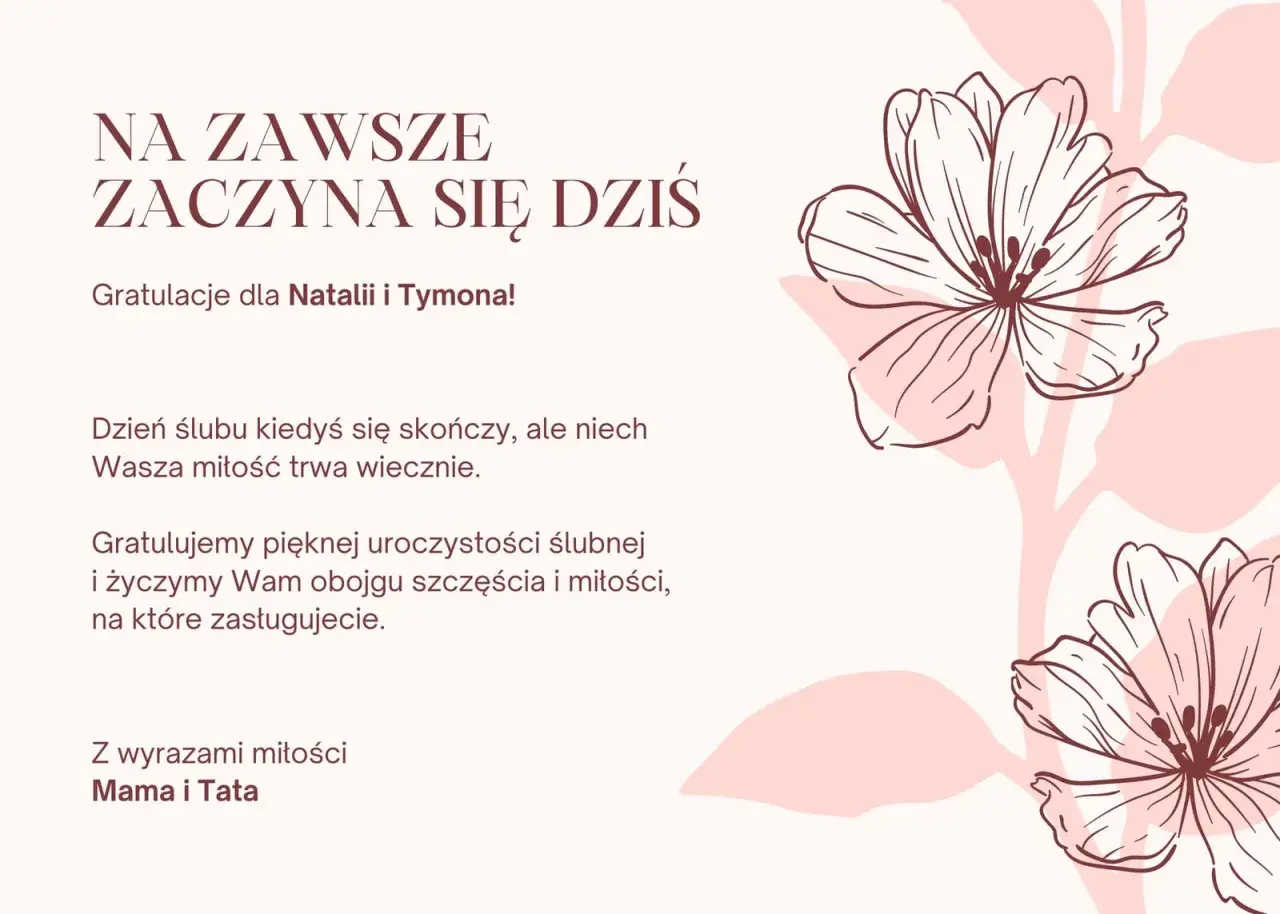 Życzenia na ślub cywilny dla Natalii i Tymona. Niech Wasza miłość trwa wiecznie. Gratulujemy!