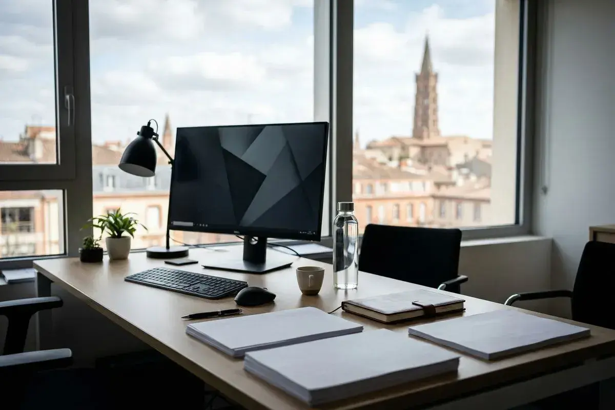 Bureau avec ordinateur, documents et vue sur la ville. Idéal pour réfléchir à comment déposer un brevet et protéger son invention.