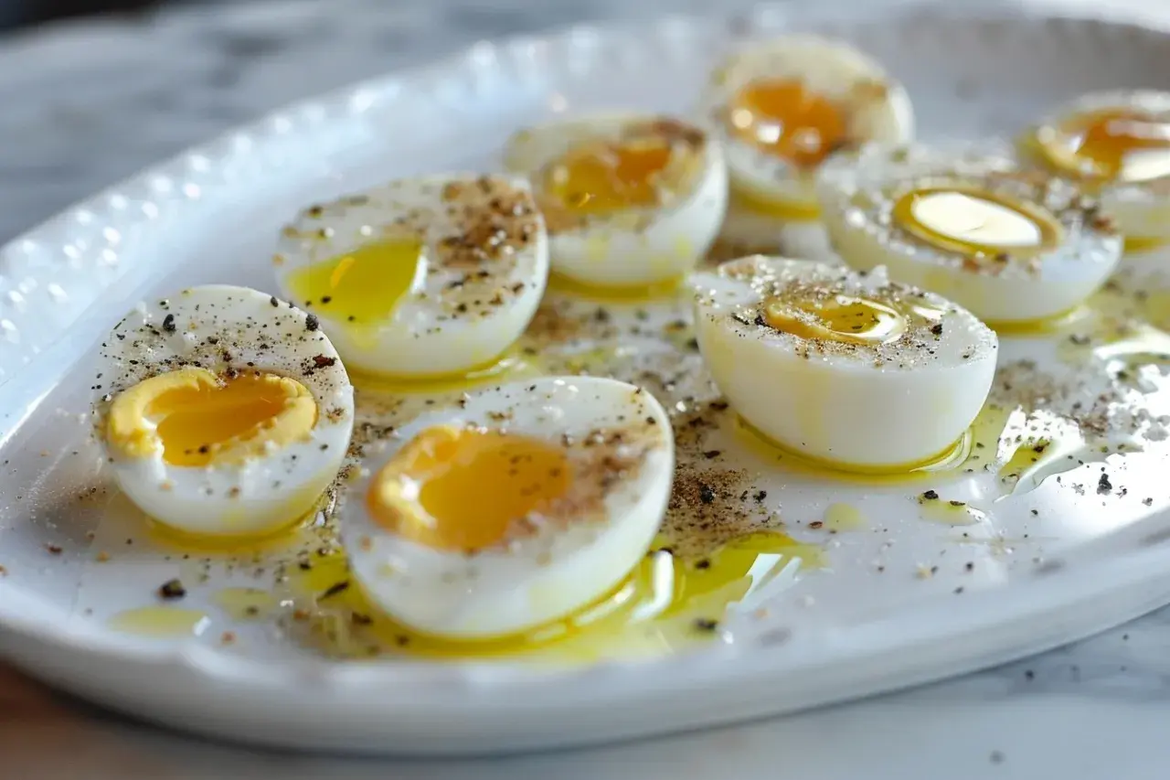 Œufs durs coupés en deux, arrosés d'huile d'olive et saupoudrés de poivre. Un délice, même si l'un d'eux semble un peu trop cuit.