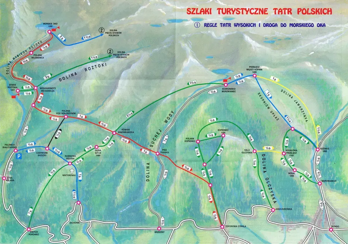 Mapa szlaków turystycznych Tatr Polskich. Kolorowe linie pokazują trasy Tatry, łącząc popularne punkty jak Morskie Oko, Dolina Kościeliska i Kuźnice.