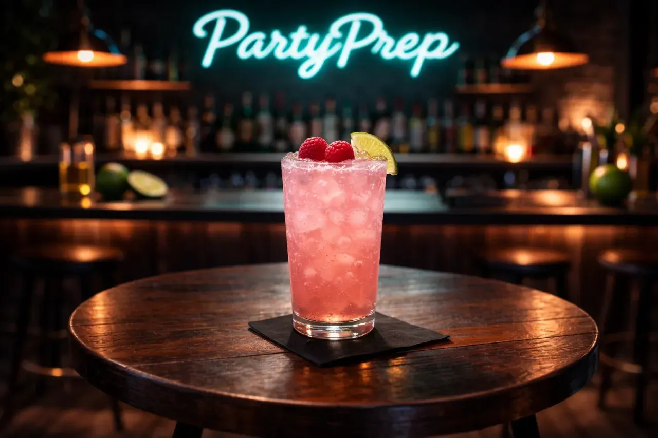 En rosa p2 drink med hallon och lime på ett träbord. Bakom syns en bar med neonskylten "PartyPrep".