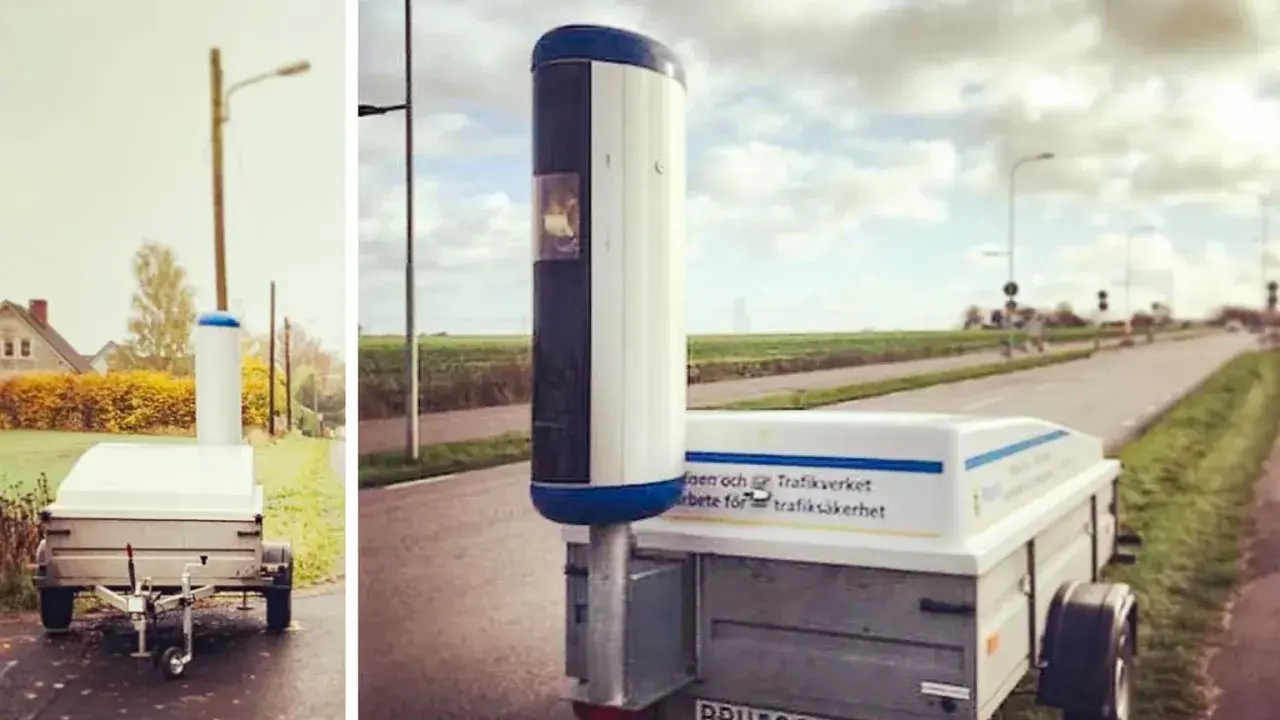 Mobil fartkamera på släp vid vägkanten. Enligt skylten arbetar Trafikverket för trafiksäkerhet.