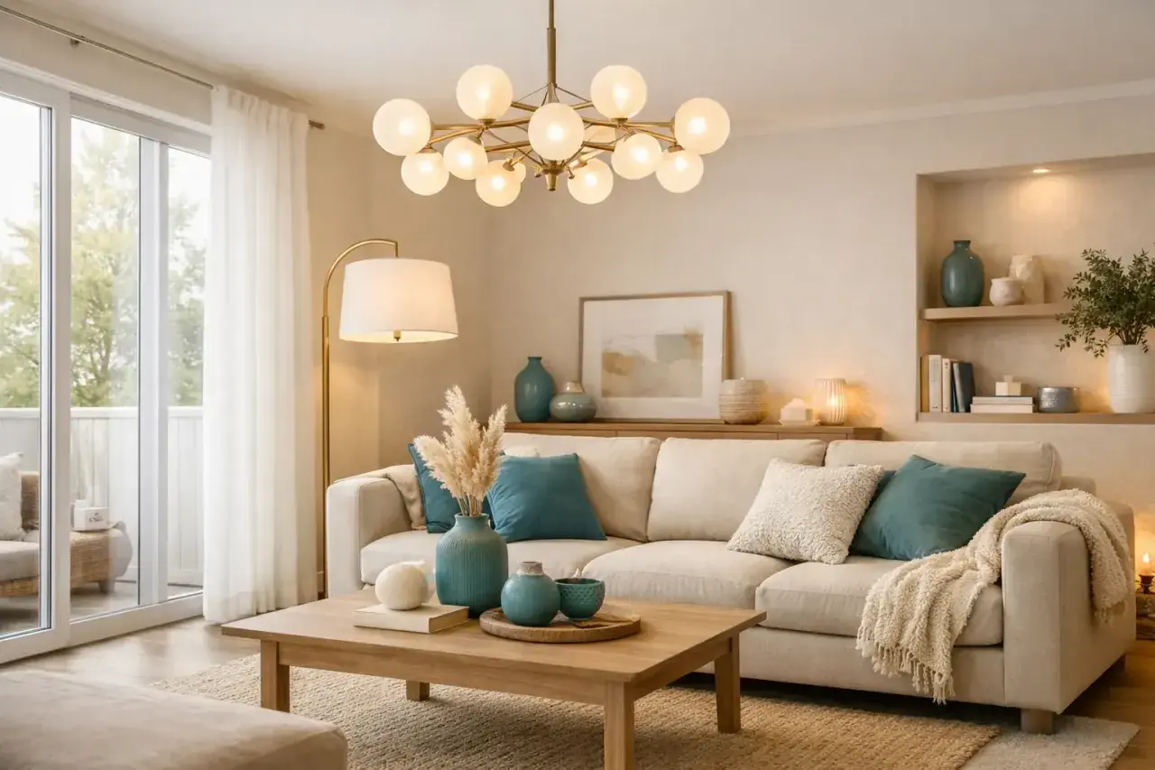 Salón moderno con sofá beige, cojines turquesa y una lámpara original techo de diseño esférico.