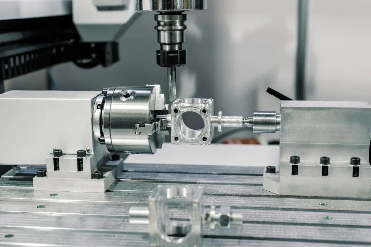 Precyzyjne frezowanie metalowego elementu na maszynie CNC. To jeden z zaawansowanych rodzajów obróbki skrawaniem, tworzący skomplikowane kształty.