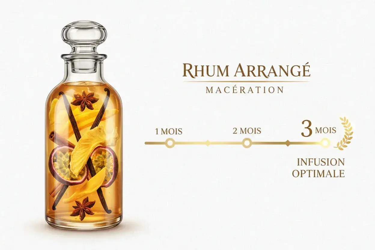 Bouteille de rhum arrangé vanille, fruits de la passion, ananas, cannelle et anis étoilé. Macération de 3 mois pour une infusion optimale.