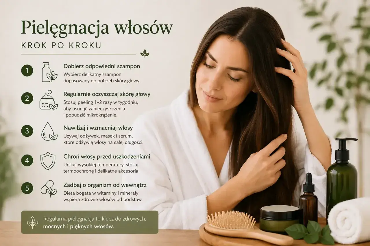 Kobieta wykonuje pielęgnację włosów krok po kroku: dobiera szampon, oczyszcza skórę głowy, nawilża, chroni i dba o organizm od wewnątrz.