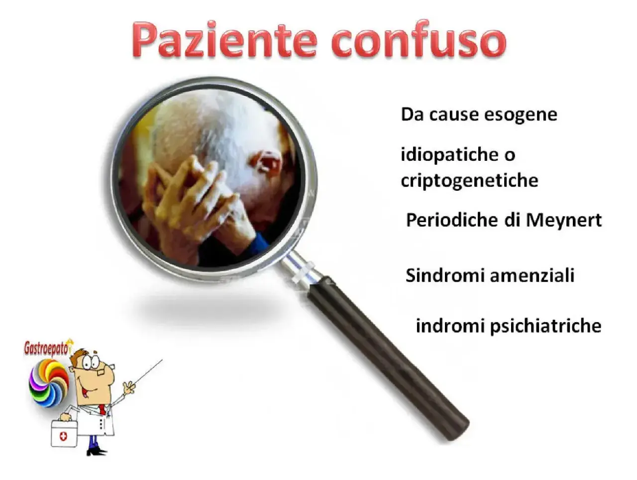Un anziano con le mani sul volto, simbolo di confusione mentale, analizzato da una lente d'ingrandimento. Elenco di cause: esogene, idiopatiche, criptogenetiche, sindromi.