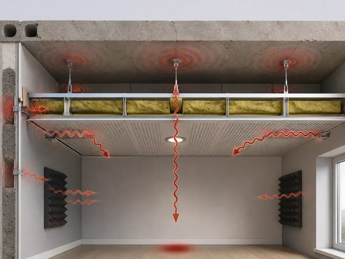 Illustrazione di un sistema di abbattimento acustico con pannelli isolanti e materiali fonoassorbenti che riducono la propagazione del suono.
