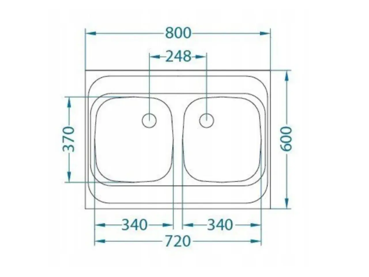 Schemat zlew dwukomorowy wymiary: 800x600 mm, komory 340x370 mm.