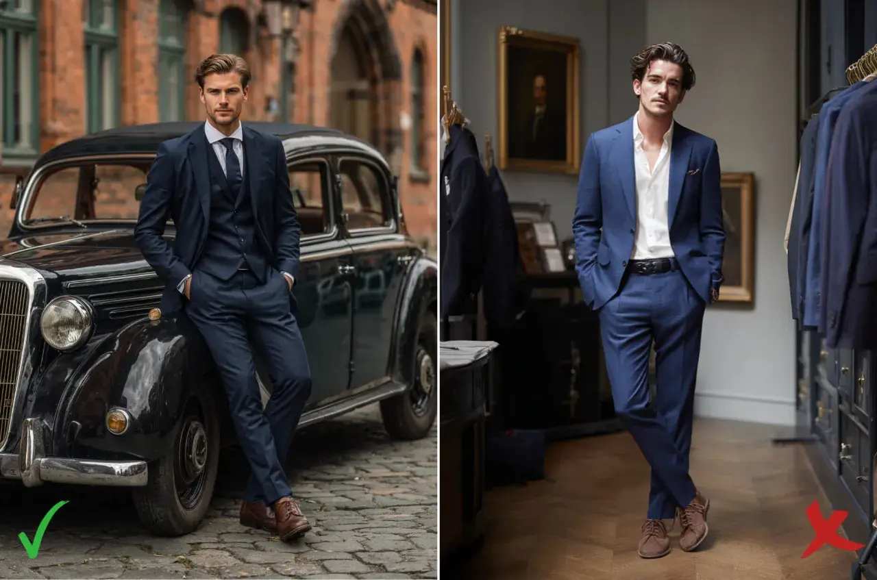 Un homme élégant pose près d'une voiture ancienne, portant un costume bleu marine impeccable. Une autre image montre un homme en costume bleu marine, chemise blanche ouverte, dans une boutique.