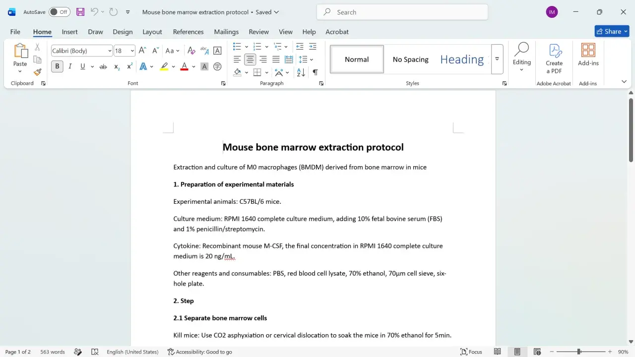 Documento de Word con protocolo de extracción de médula ósea de ratón. Aprende como hacer un documento en Word con este ejemplo.