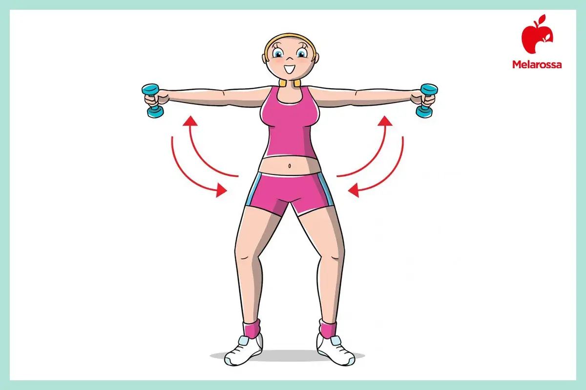 Donna con manubri che esegue un esercizio per i muscoli braccia donne. Movimento circolare con frecce rosse.