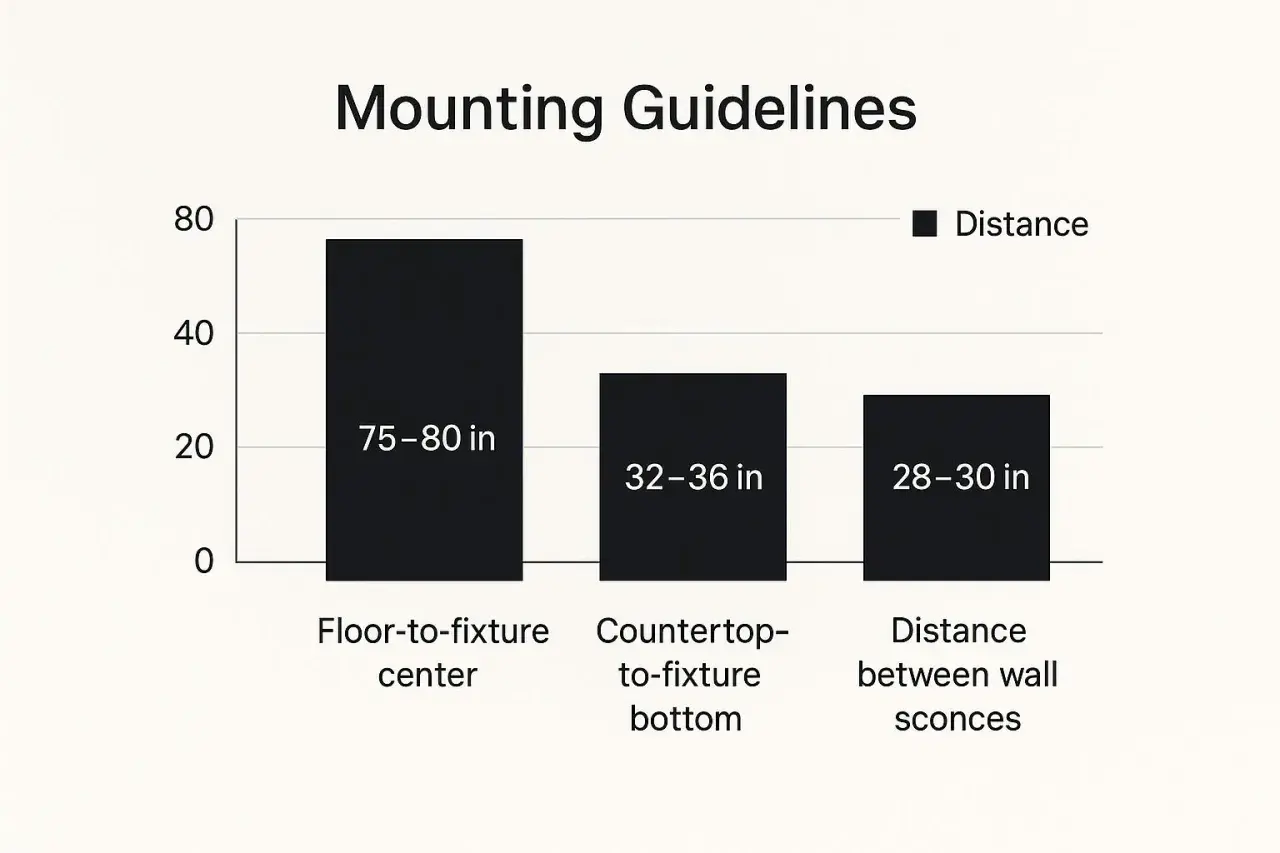 Bar chart showing mounting guidelines. The ideal vanity light height from the floor to the fixture center is 75-80 inches.