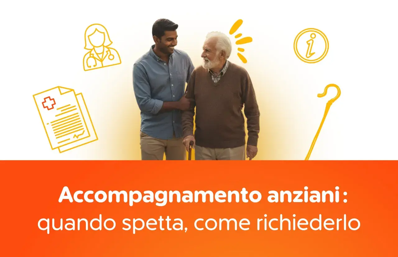 Giovane uomo aiuta un anziano a camminare. Illustrazioni di medico, documenti e bastone da passeggio suggeriscono un accompagnamento anziani senza 104.
