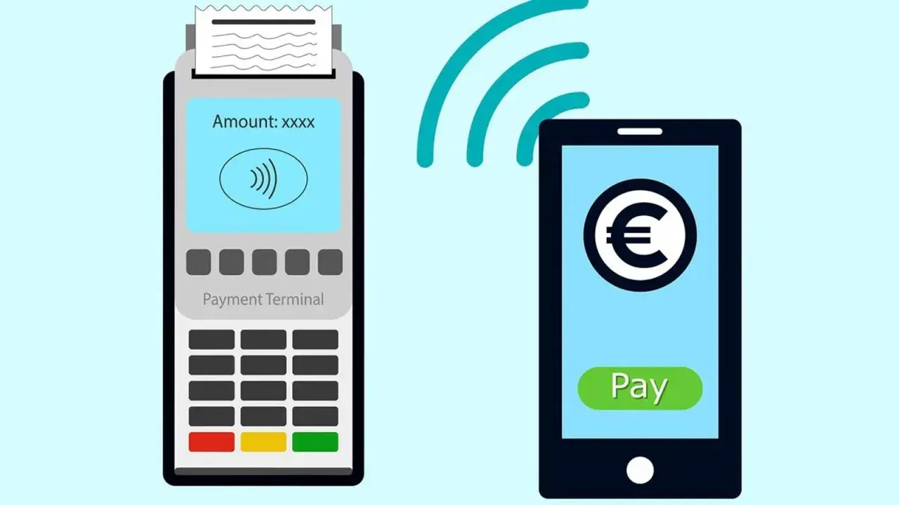 Terminal de pago y smartphone mostrando el símbolo del euro. La comunicación inalámbrica indica que es nfc, una forma de pago sin contacto.