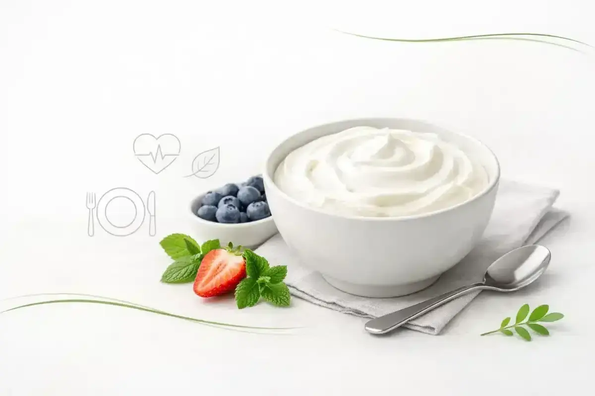 Gładki skyr naturalny w misce, obok jagody, truskawka i listki mięty. Zdrowy posiłek.