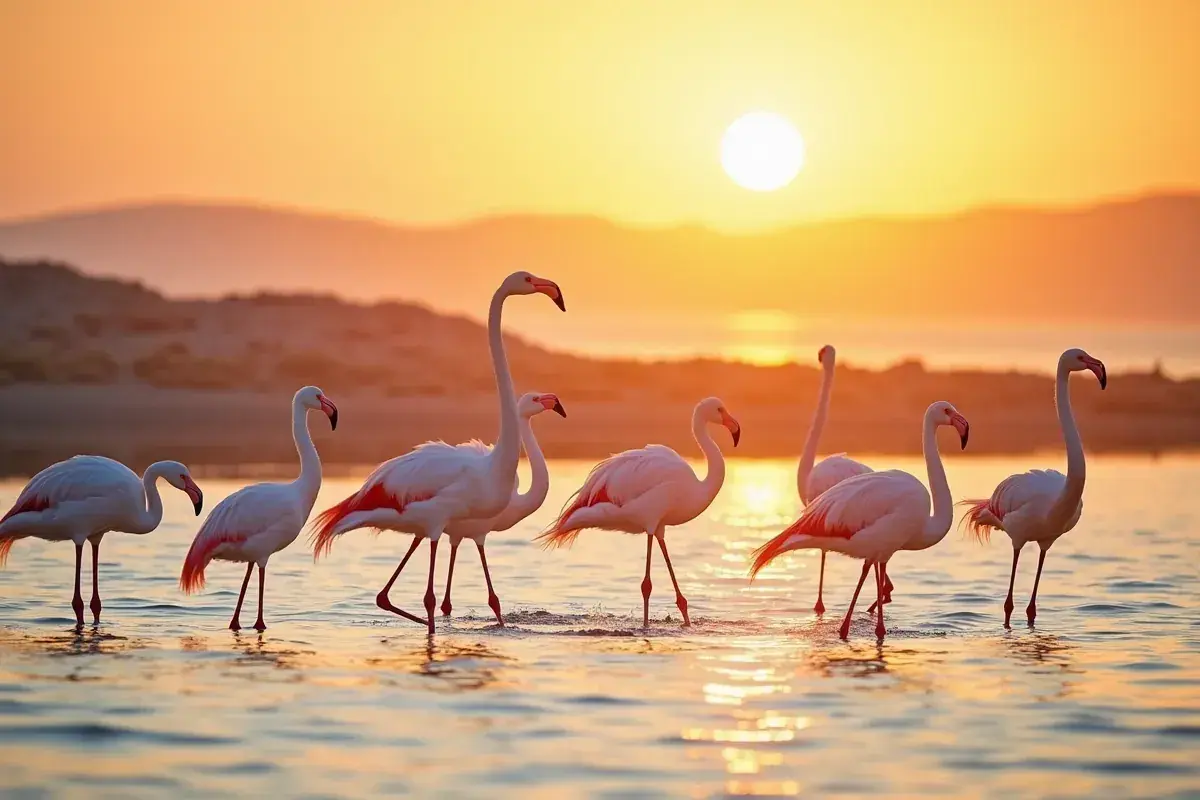 Djerba flamingi o zachodzie słońca. Różowe ptaki brodzą w płytkiej wodzie, odbijając się w złotym blasku.
