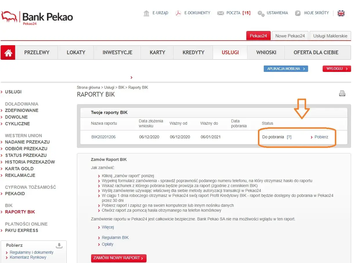 Zrzut ekranu z bankowości internetowej Pekao24, pokazujący raport BIK gotowy do pobrania.