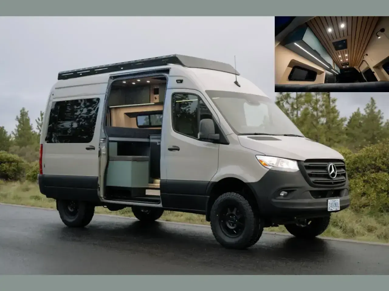 Beżowy Mercedes Sprinter 4x4 z otwartymi drzwiami, ukazujący przytulne wnętrze kampera. Idealny na przygody w terenie.