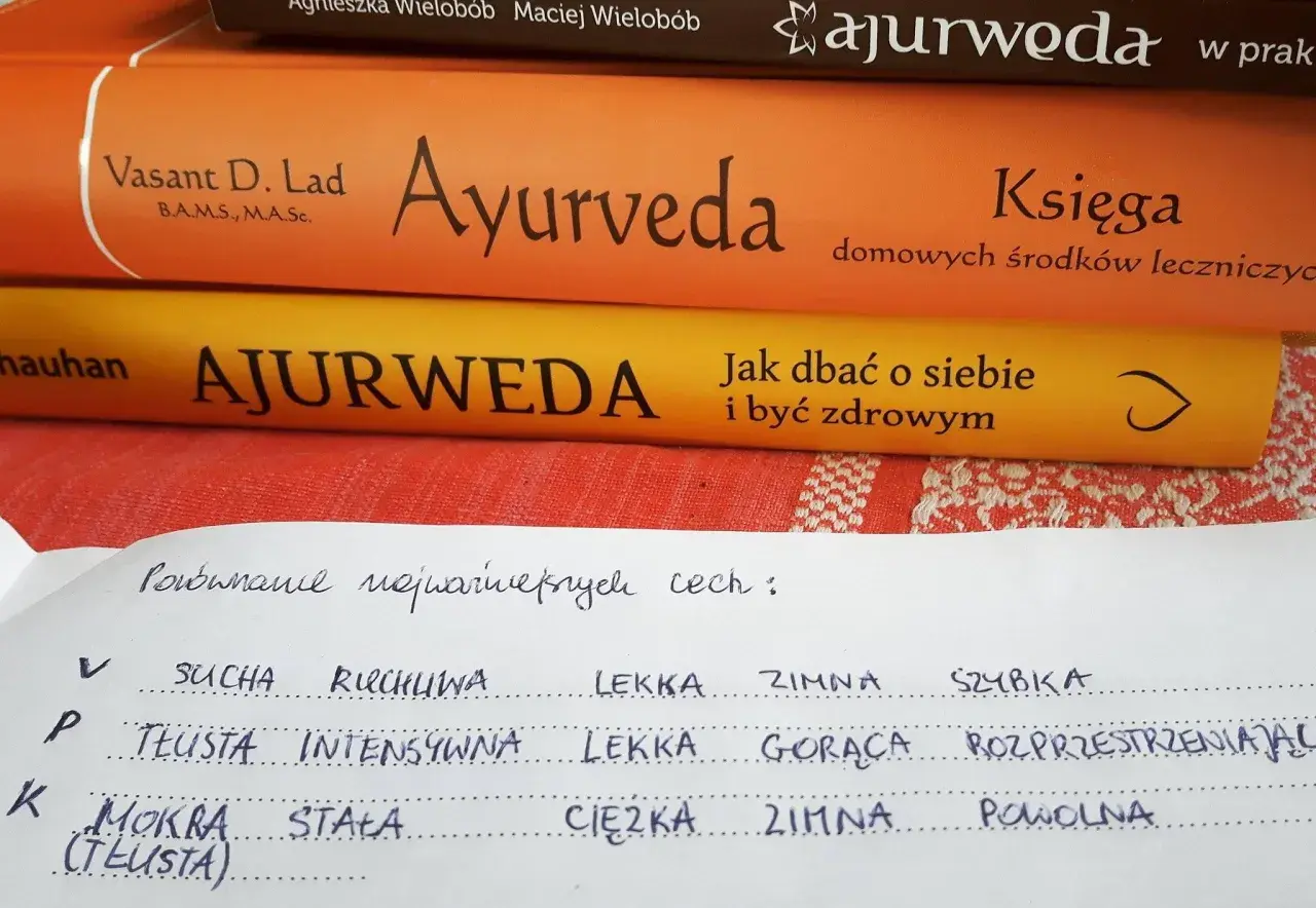 Książki o ajurwedzie, w tym "Ayurveda" i "Ajurweda", oraz notatki dotyczące cech dosz.