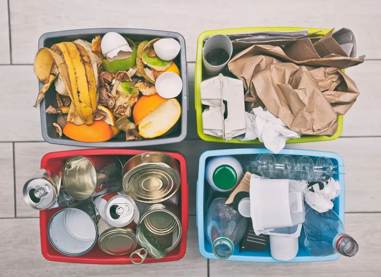 Quattro contenitori colorati per la raccolta differenziata: organico, carta, metalli e plastica/vetro. Idee contenitori raccolta differenziata fai da te.