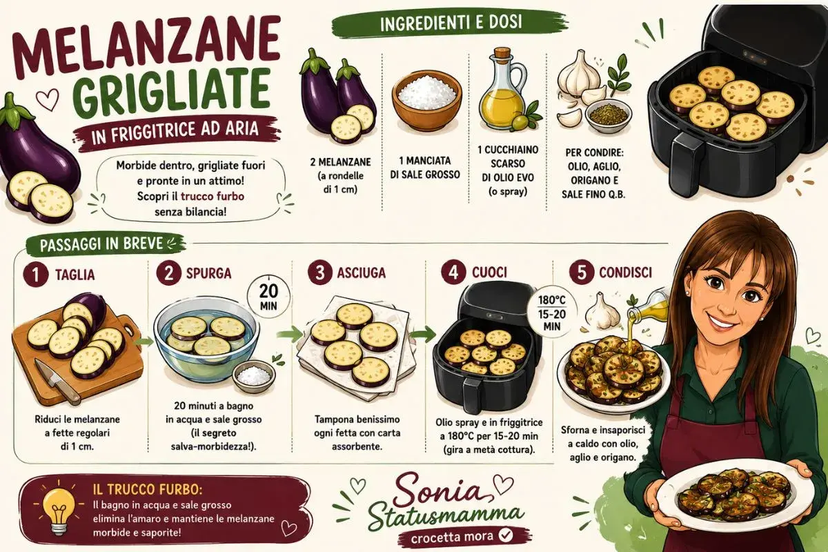 Melanzane grigliate in friggitrice ad aria: morbide dentro, croccanti fuori. Ricetta facile e veloce per un contorno saporito.