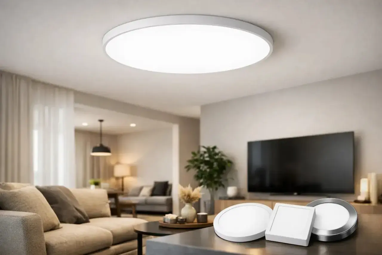 Un moderno salón con un plafón regulable iluminando el techo. En primer plano, tres luminarias de diseño moderno, una redonda y dos cuadradas.