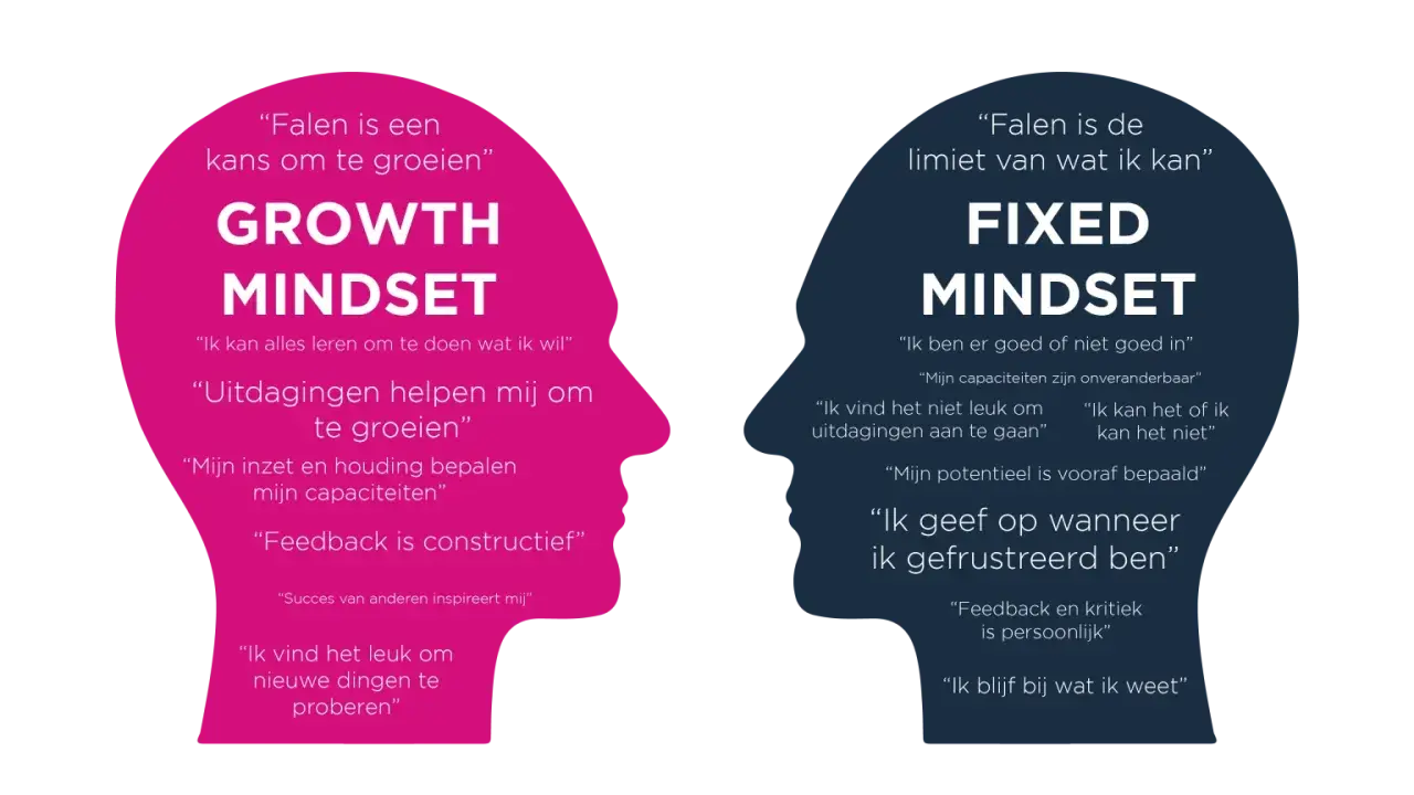 Twee profielen, één met 'Growth Mindset' en positieve quotes, de ander met 'Fixed Mindset' en beperkende overtuigingen.