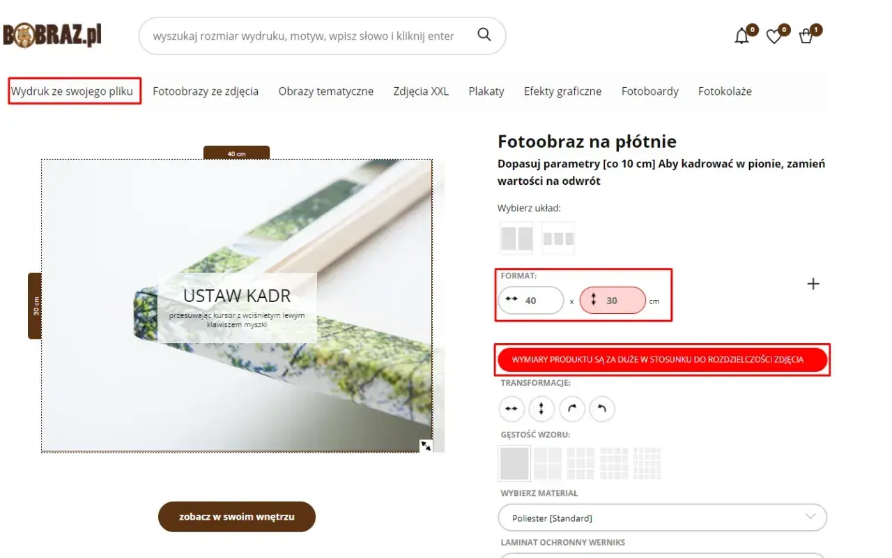 Wybierasz fotoobraz 20x30 jaki to format? Ustawiasz kadr i parametry wydruku na stronie.