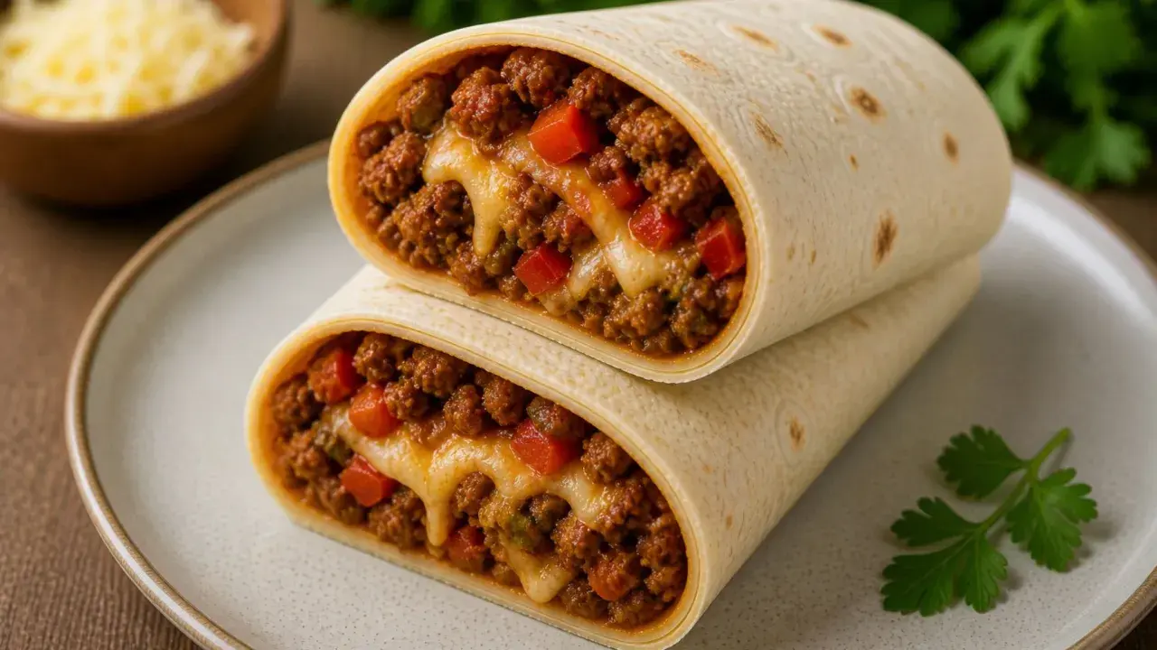 Pyszna tortilla z mięsem mielonym i roztopionym serem, zapiekana w piekarniku. Idealna na szybki obiad.
