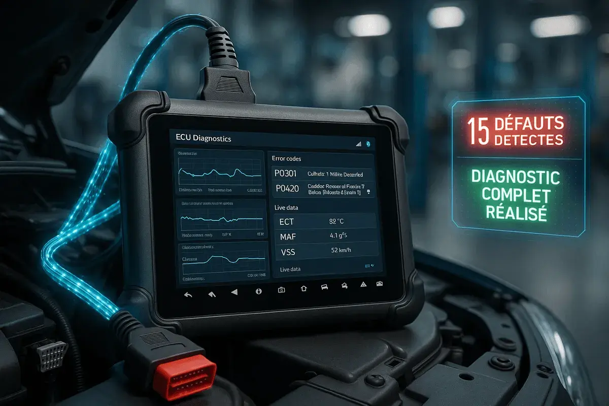 Diagnostic auto électronique : un appareil affiche 15 défauts détectés et un diagnostic complet réalisé.