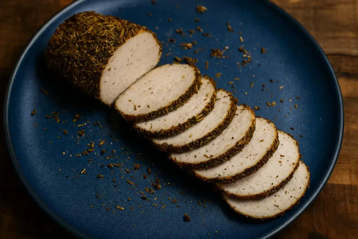 Affettato di pollo speziato su piatto blu. Un modo semplice per condire l'affettato di pollo con erbe aromatiche.