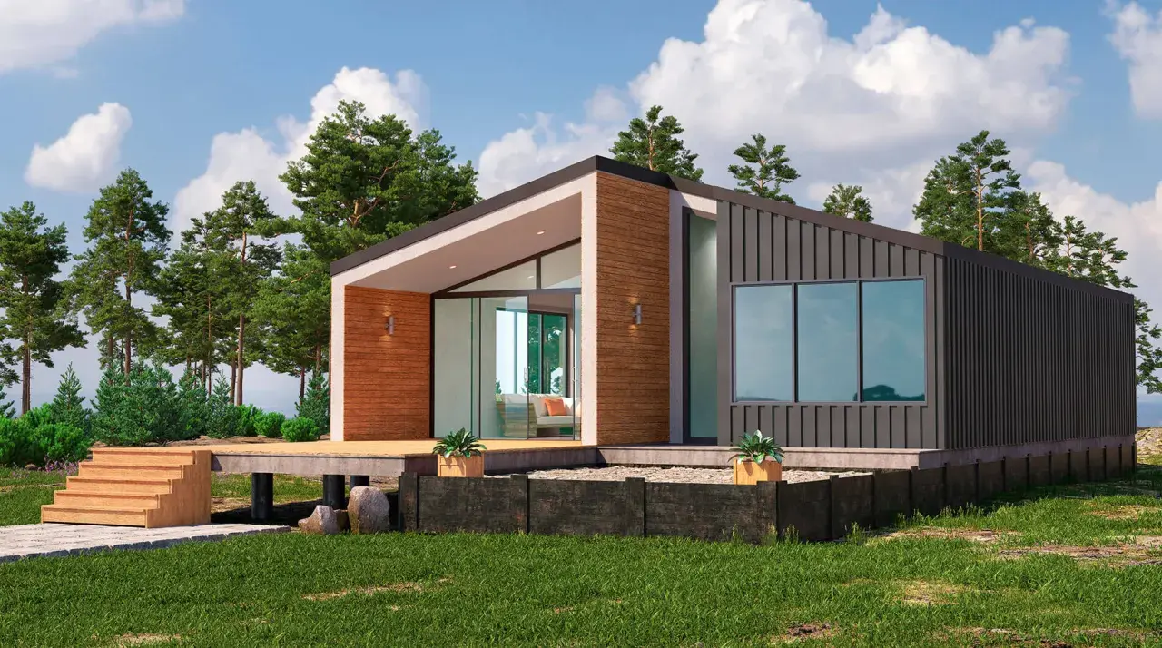 Nowoczesne domy kanadyjskie w otoczeniu sosnowego lasu, z drewnianym tarasem i dużymi oknami.