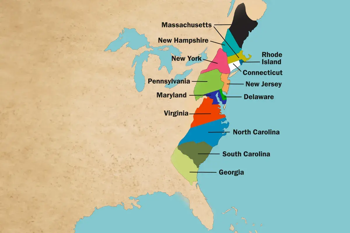 Karta visar de ursprungliga tretton kolonierna, en viktig del av USA historia. Färgade områden representerar stater som Massachusetts, Virginia och Georgia.