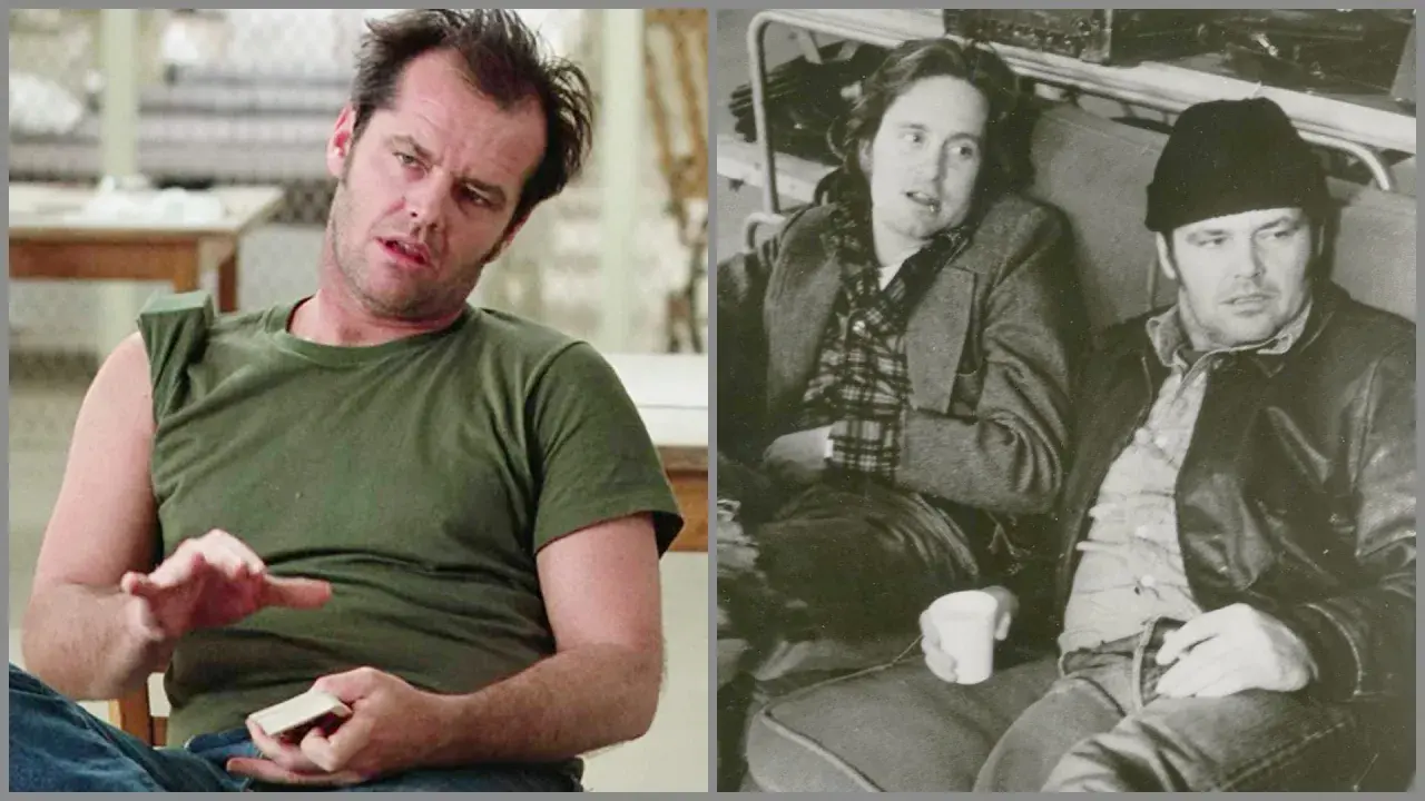 Jack Nicholson in "Qualcuno volò sul nido del cuculo" e un'altra immagine di lui.