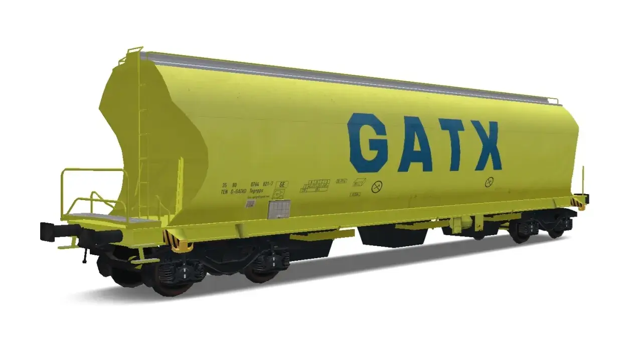 Żółty wagon kolejowy GATX, z niebieskim napisem. Zastanawiasz się, ile waży wagon kolejowy? Ten model jest gotowy do transportu!