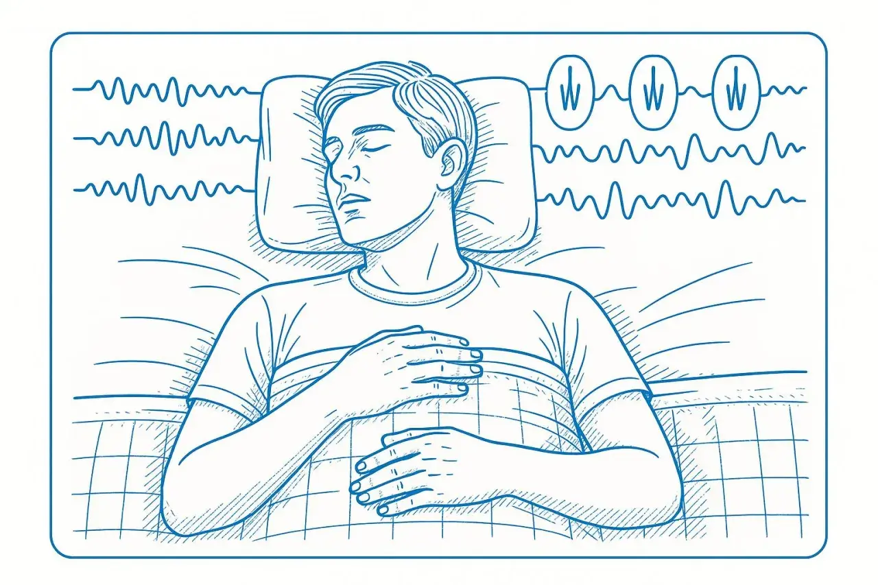 A man sleeps with his hands on his chest, while brainwave patterns above him indicate sleep fragmentation.