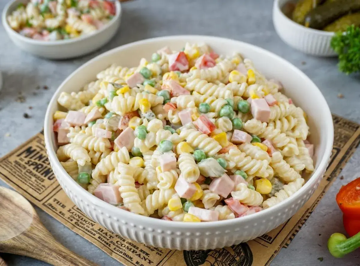 Ein cremiger Nudelsalat mit Schinken, Erbsen und Mais – der beste Pasta Salat mit Mayonnaise für jede Gelegenheit.