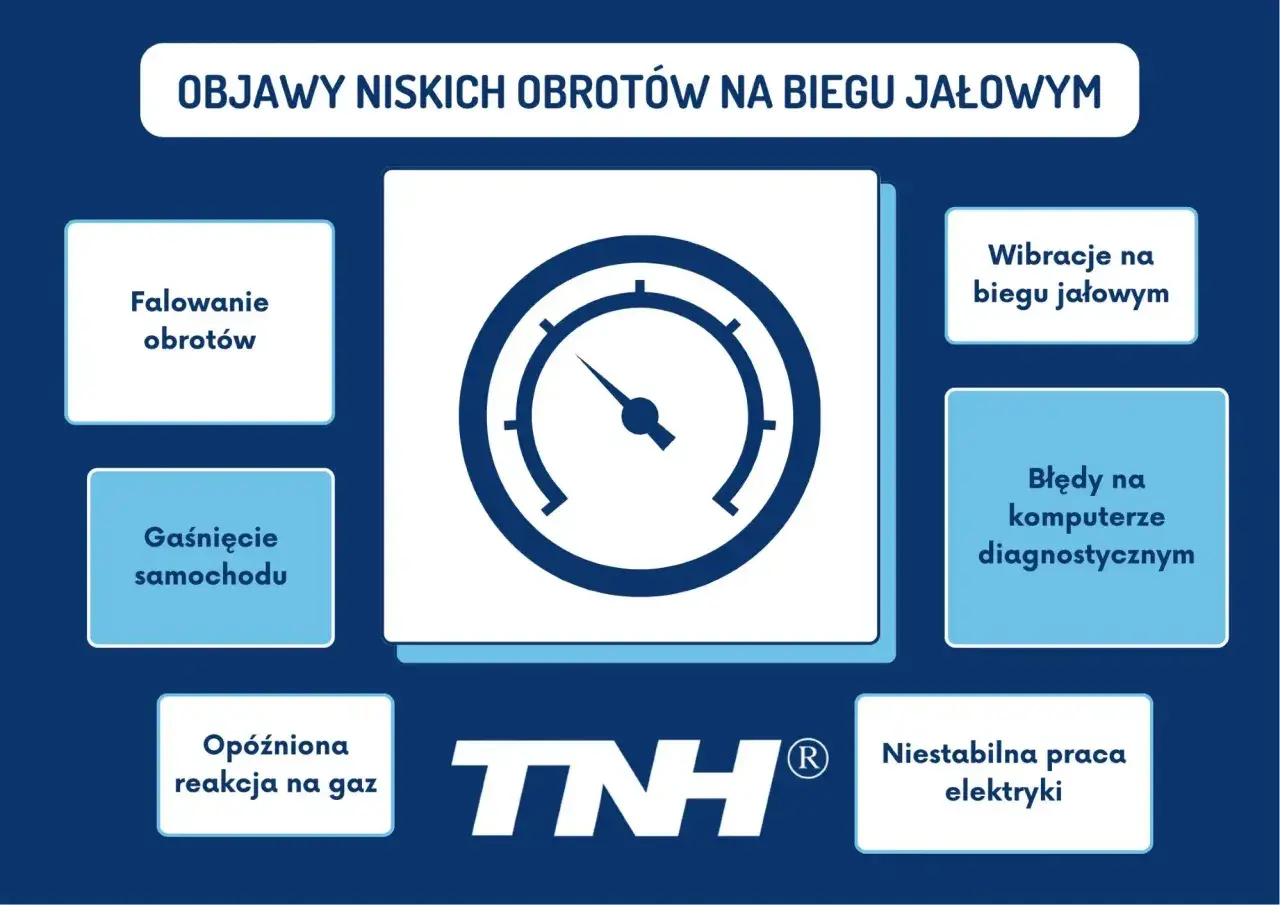Objawy niskich obrotów: falowanie, gaśnięcie, opóźniona reakcja na gaz, wibracje, błędy diagnostyczne, niestabilna praca elektryki. Silnik odcina moc.