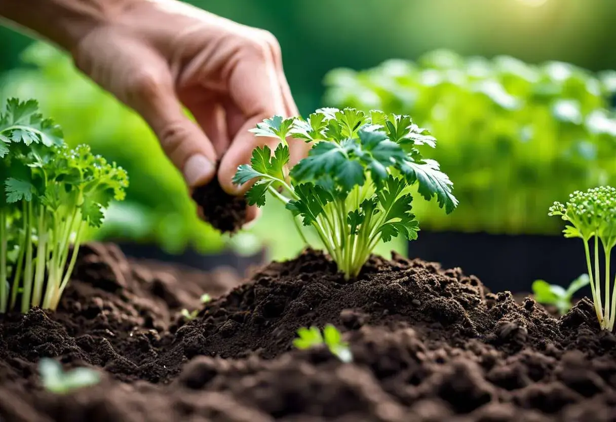 Main d'un jardinier ajoutant de la terre autour d'un jeune plant de persil, prêt à pousser.