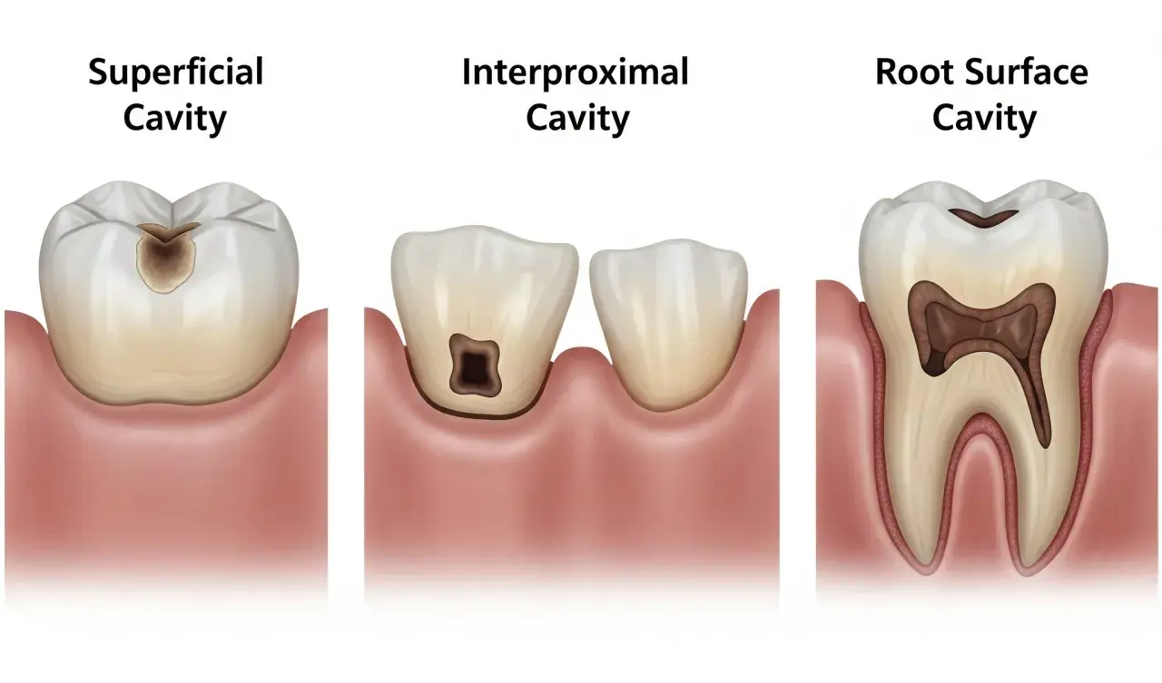 Illustrazione di carie superficiale, interprossimale e della radice. Le carie causano danni ai denti.